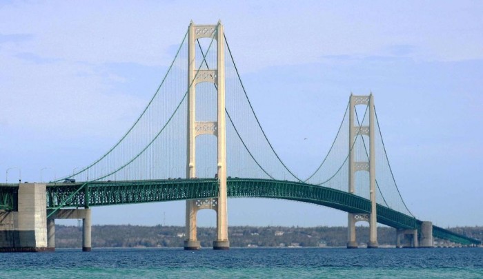 Mackinac Bridge It is built between the Upper and Lower Peninsulas in Michigan. The bridge is just 199 feet high above the water so it is not the bridge which is scary, it is the wind that blows over the bridge as its speed exceeds 30 miles per hour which makes you thrilled. 