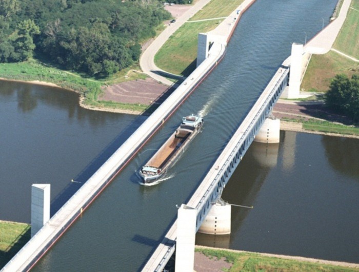 Magdeburg Water Bridge It is a shipping bridge that is located in Germany to cross over the Elbe River and it was completed in 2003. 