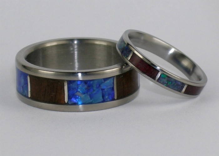 Matching-Set-Hawaiian-Ipe-Wood-AAA-Blue-Opal-Stone-Sterling-inlay-Titanium-Ring