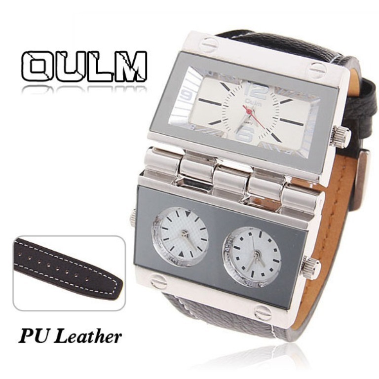 Oulm-Men-s-Quartz-Military-Wrist-Watch-3-Movt-Rectangle-Shaped-White-Dial-Black-Leather-Band