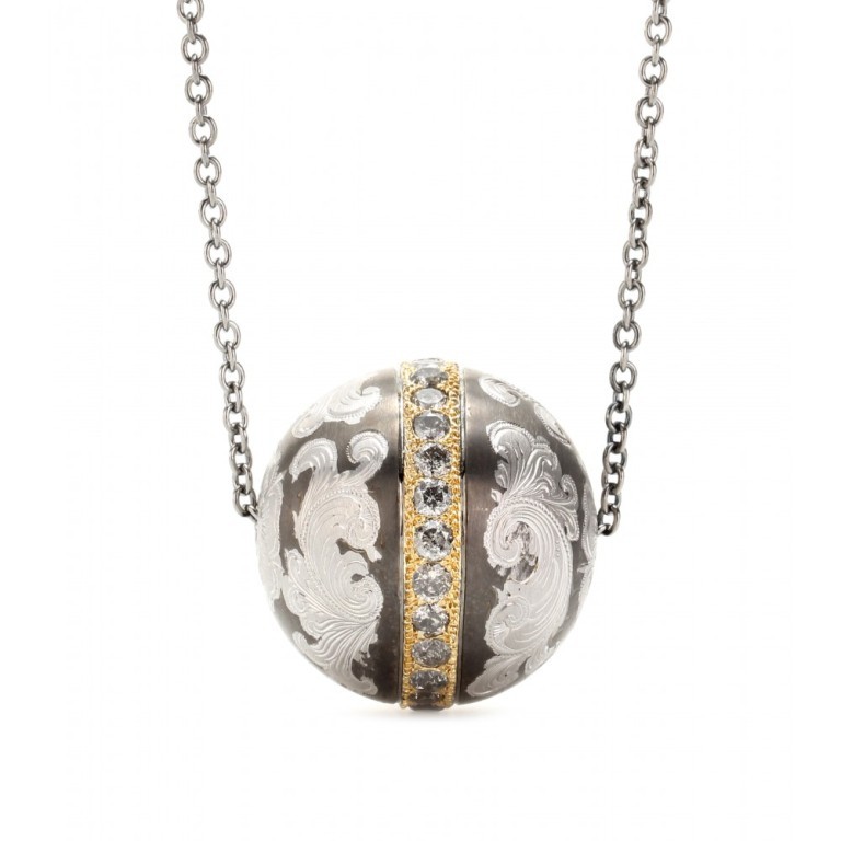 50 Unique Diamond Necklaces & Pendants 41 P00041523-NIELLO-ENGRAVED-SILVER-BALL-PENDANT-NECKLACE-WITH-GREY-DIAMONDS-AND-18KT-GOLD-STANDARD