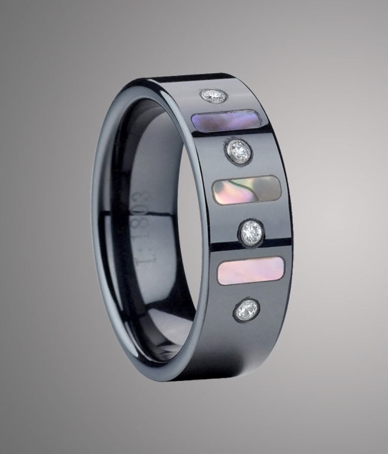 60 Unbelievable Ceramic Wedding Bands for Him & Her 40 Polished_Flat_Black_Ceramic_Wedding_Band_with_Alternate_Shell_and_Zircon_Stones_Inlay_FB1803_05__64429_zoom