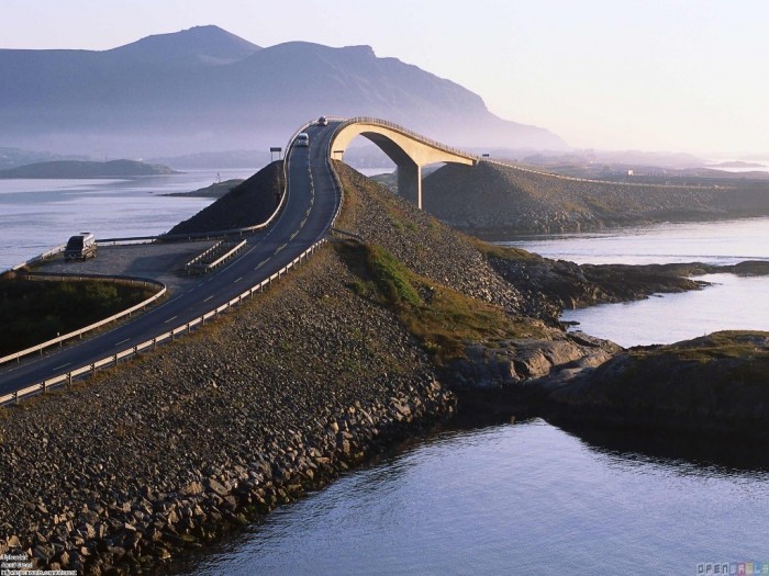 The Atlanterhavsveien It is situated in Møre og Romsdal, Norway and it is commonly known as the Atlantic Road, it takes you over eight small bridges and it was first opened in 1989.