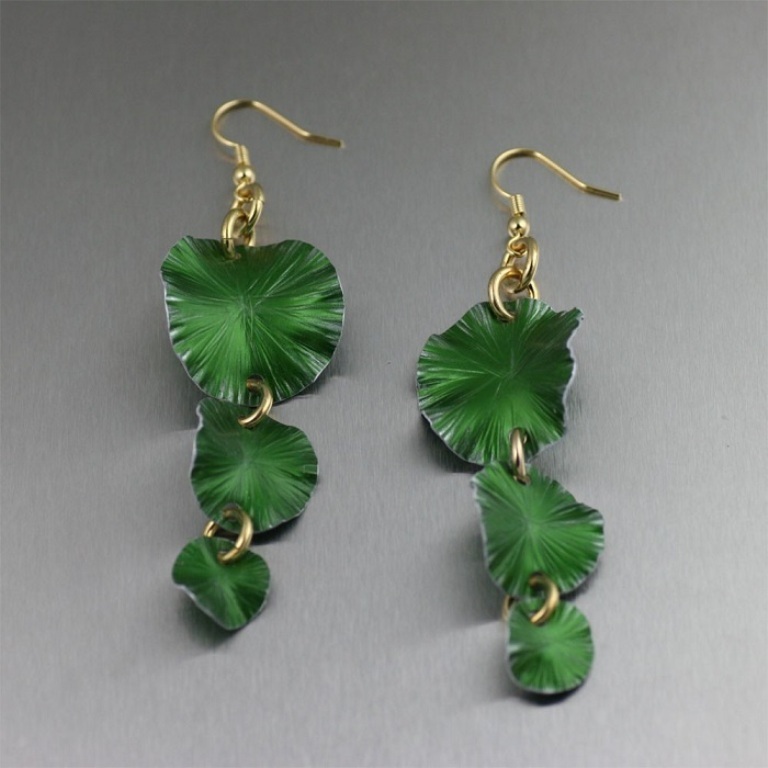Three-Tiered-Green-Anodized-Aluminum-Lily-Pad-Earrings