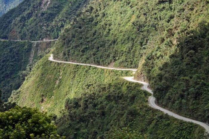 Yungas Road It is situated in La Paz, Bolivia and allows you to travel from La Paz to Coroico which is located in western Bolivia. It is narrow as it is about 10 feet and it is commonly known as the Road of Death because of the large number of accidents that take place on it.