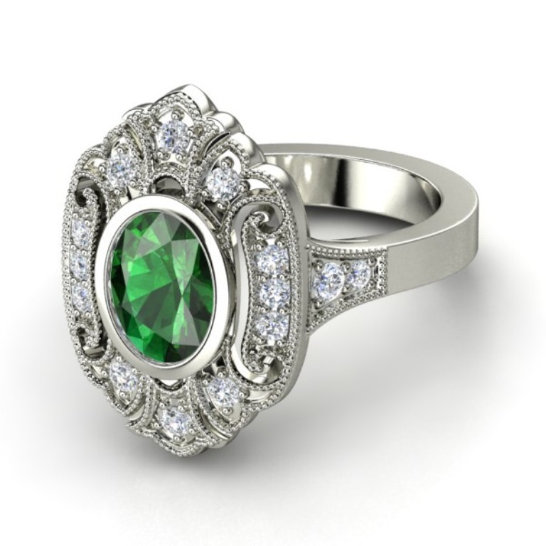 oval-emerald-palladium-ring-with-diamond 35 Fabulous Antique Palladium Engagement Rings