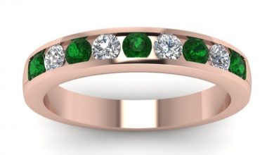 Top 60 Stunning & Marvelous Rose Gold Wedding Bands 1 rose gold wedding band white diamond with green emerald in channel set FD1028BGEMGR NL RG Top 60 Stunning & Marvelous Rose Gold Wedding Bands - 1 rose gold