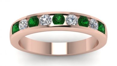 rose gold wedding band white diamond with green emerald in channel set FD1028BGEMGR NL RG Top 60 Stunning & Marvelous Rose Gold Wedding Bands - 5