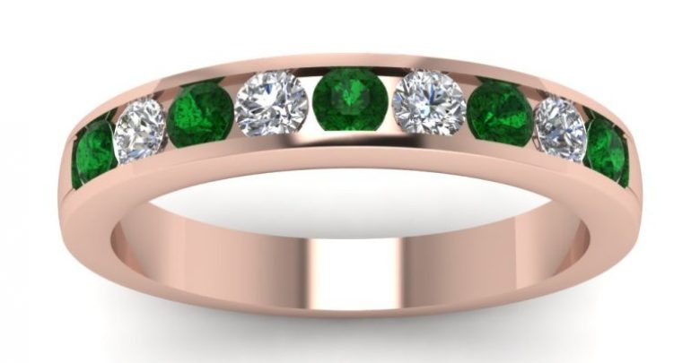 rose gold wedding band white diamond with green emerald in channel set FD1028BGEMGR NL RG Top 60 Stunning & Marvelous Rose Gold Wedding Bands - 1 rose gold
