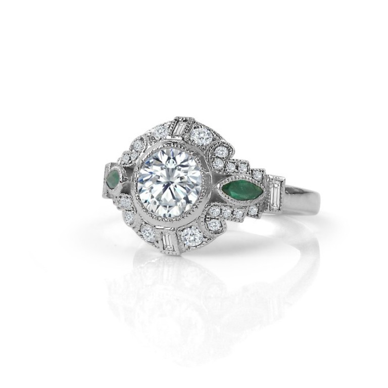 vintage_inspired_diamond_engagement_ring_with_emerald_accents_side_view 50 Unique Vintage Classic Diamond Engagement Rings
