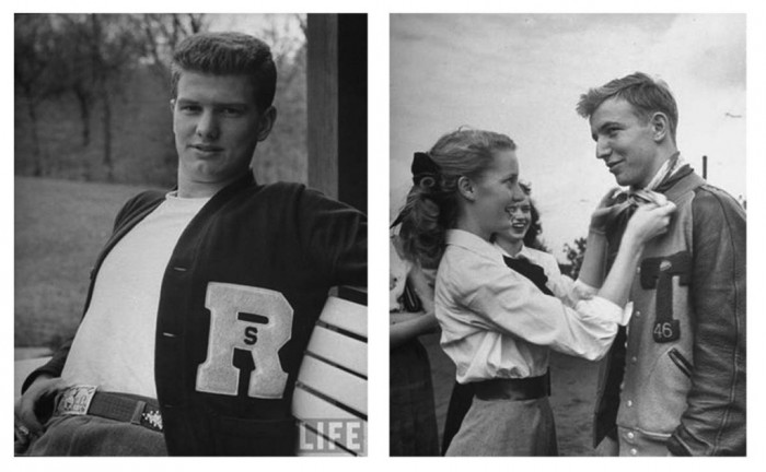 Letterman sweaters and jackets were common among girls as they were wearing them to show others that their boyfriends whom they were dating are athletes.