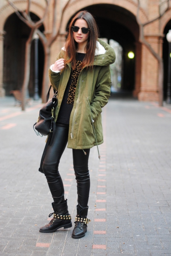 studded boots, greek khaki parka, leopard cross, phillip lim bag