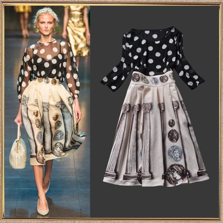 High-Quality-Trend-Fashion-2014-Spring-Summer-Runway-Dot-Print-Chiffon-Vintage-Pattern-Set-Women-s