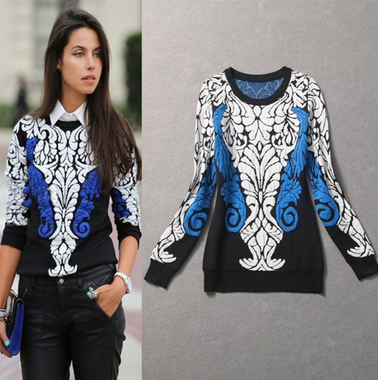Top 12 Hottest Women's Color Trends Coming 15 Hot-Fashion-Trend-2014-Spring-Women-Color-Block-Print-Cashmere-Knitted-Pullovers-women-s-sweater-fashion
