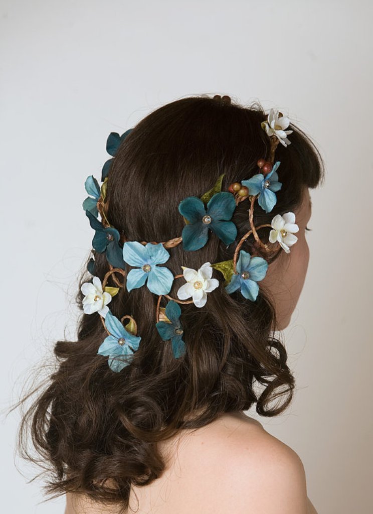 Something Blue Wedding Ideas - Floral Crown Head Piece - Cascading Veil of Turquoise Blue & Aqua Flowers - Woodland Wedding Wreath, Forest Nymph Circlet