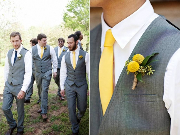 real-wedding-ideas-inspiration-grooms-formal-attire-grey-suits-yellow-ties-wedding-flowers-outdoor-spring-wedding