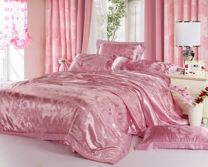 Luxury-Pink-Jacquard-Satin-Cotton-Silk-Bedding-Sets-Comforter-Duvet-Covers-Quilt-Full-Queen-King-DHL