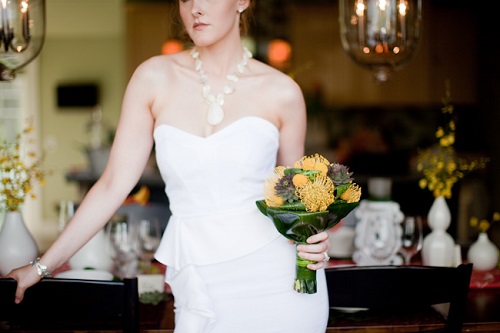 capiz-shell-necklace-short-wedding-dress-yellow-bouquet 25 Unique Necklaces For The Bridal Jewelry