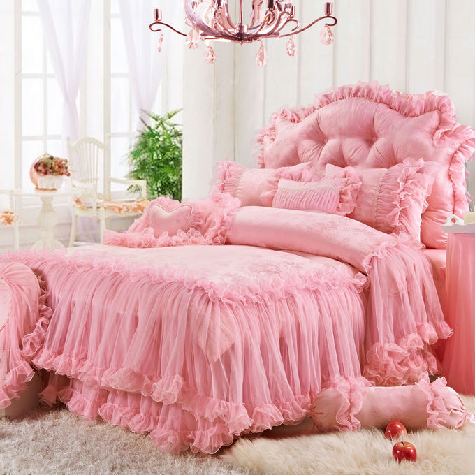 korean-100-cotton-4pcs-pink-princess-satin-jacquard-wedding-bedding-lace-romantic-comforter-set-queen-full