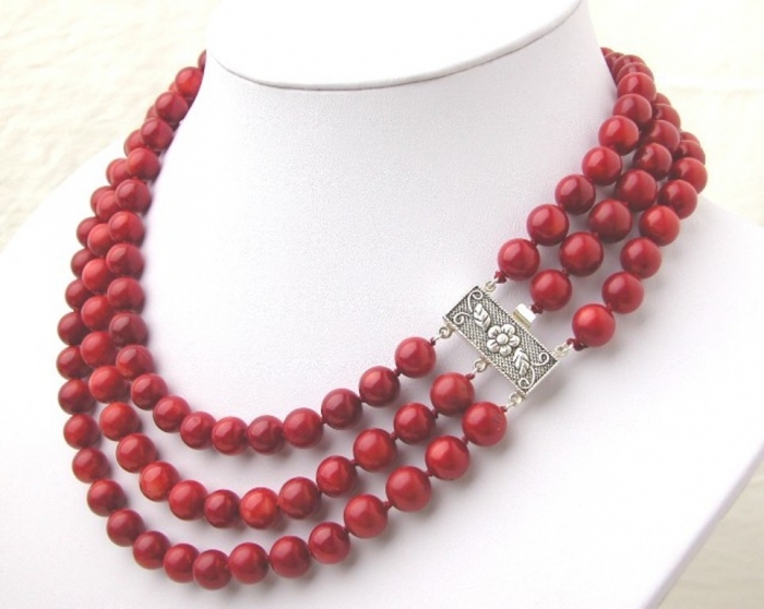Beautiful 3 Strands Red Coral Necklace S925 Clasp