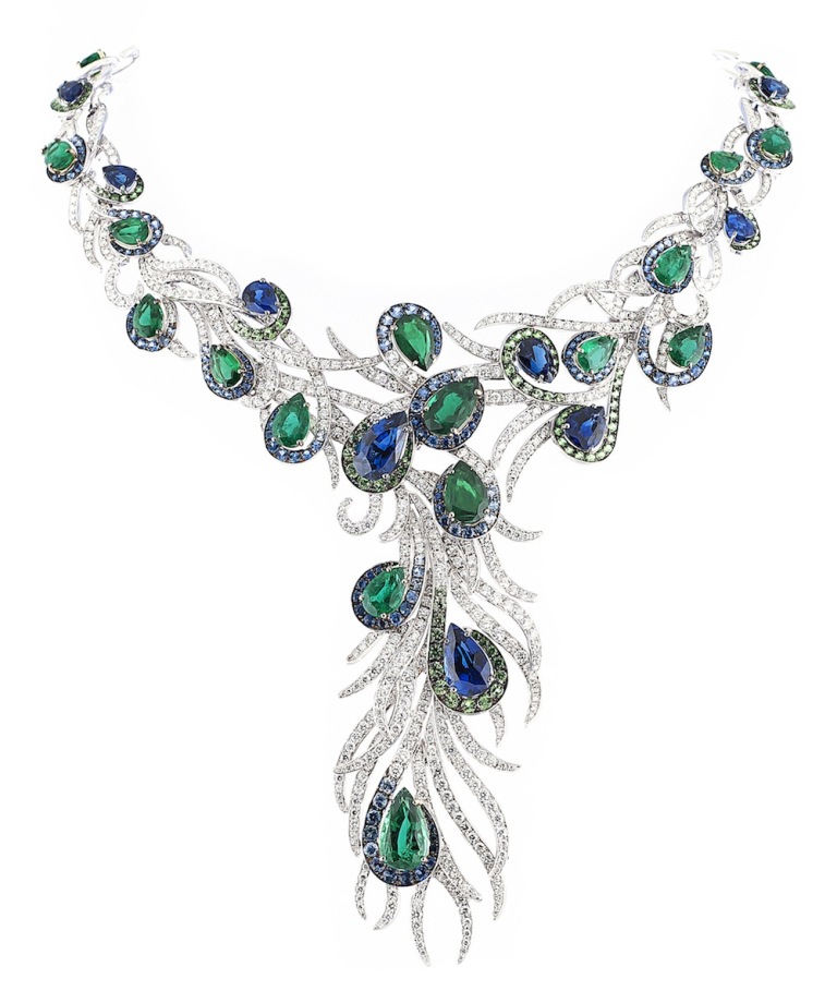 Tsavorite as a Strong Competitor to Emerald 15 Elegant-Feathers-necklace-in-sapphire-emerald-savorite-and-white-diamond-from-the-Journey-To-Dreams-Collection.
