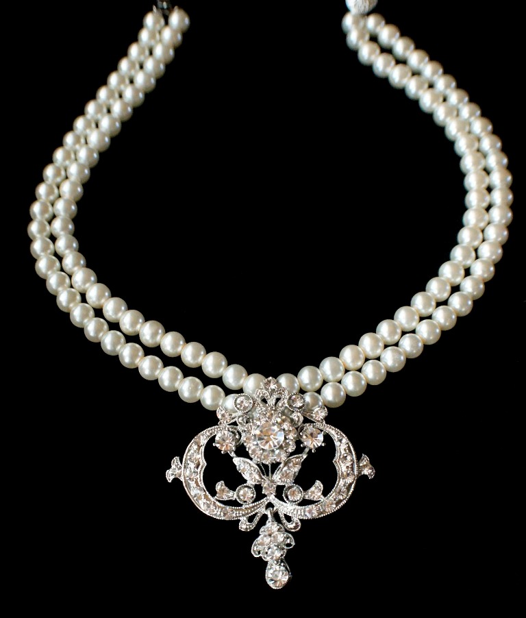 Exquisite Victorian style two strand handmade bridal pearl necklace with clear Swarovski crystals brooch