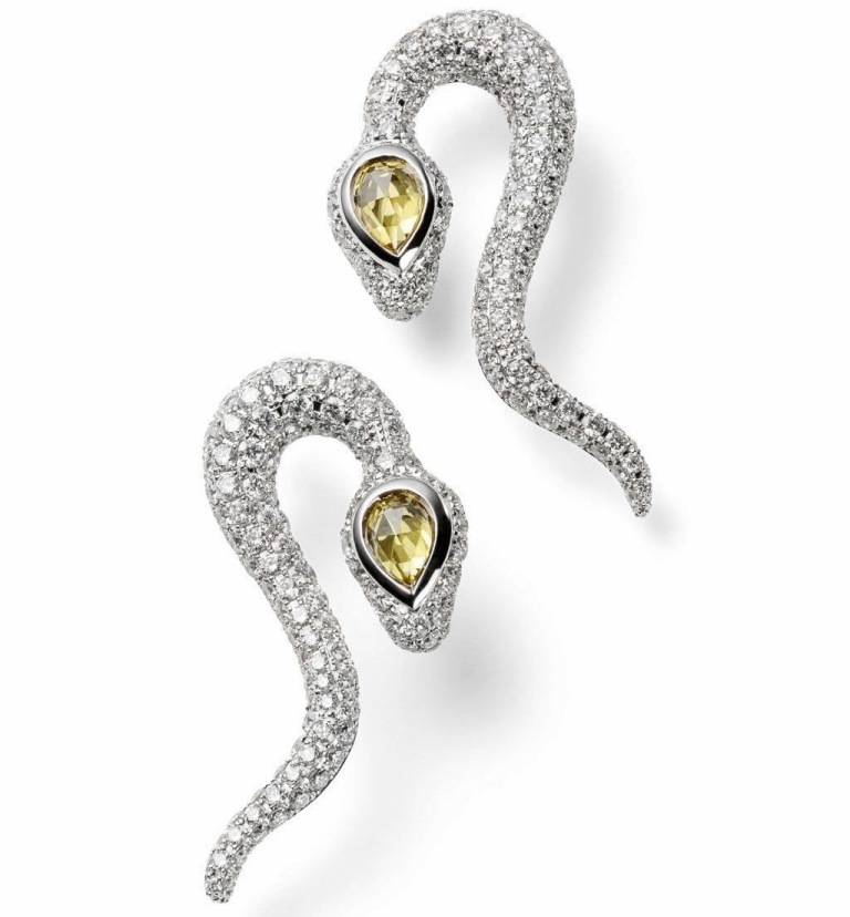 Frieden Creative Design- earrings serpent – white gold 18k, 284 diamonds, 2 yellow sapphires