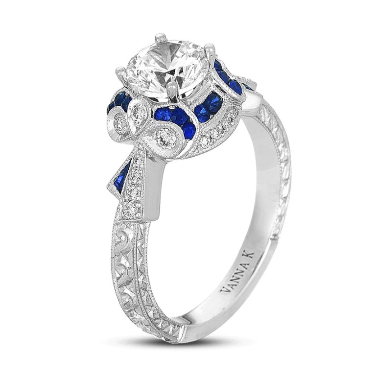 Hand-Engraved-Ring-Diamond-Round-0.22-Carat-0.35-Carat-Sapphires-0.05-Tapered-Baguette-Sapphires-1-Carat-center-stone