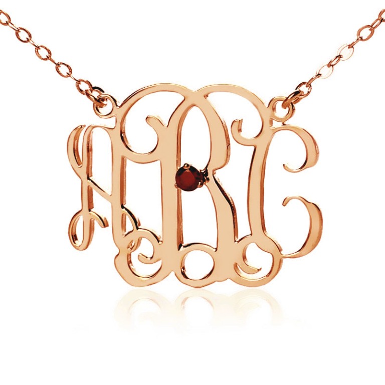 Personalized-Rose-Gold-Initial-Monogram-Necklace-With-One-Birthstone