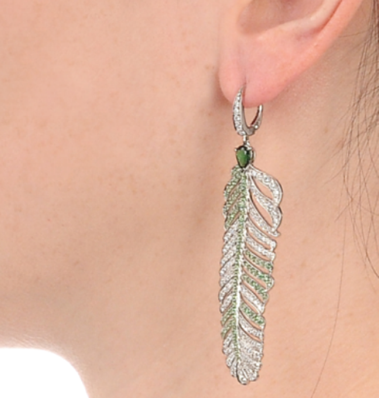 Tsavorite as a Strong Competitor to Emerald 10 crowns nest_tsavorite dream feather earring_model