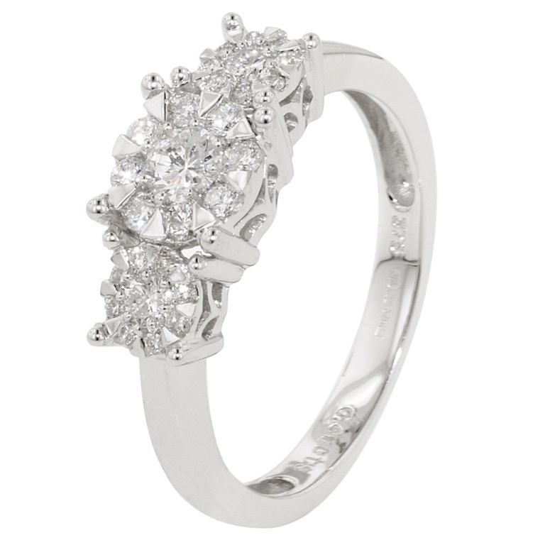 white-gold-brilliant-cluster-diamond-trilogy-ring Cluster Engagement Rings for Those who Are on a Budget