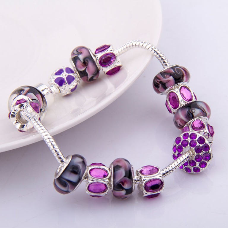 2014-NEW-Arrival-Fashion-European-Style-925-Silver-Charm-Bracelet-with-Purple-Murano-Glass-Beads-DIY Glass Beads for Creating Romantic & Fashionable Jewelry Pieces