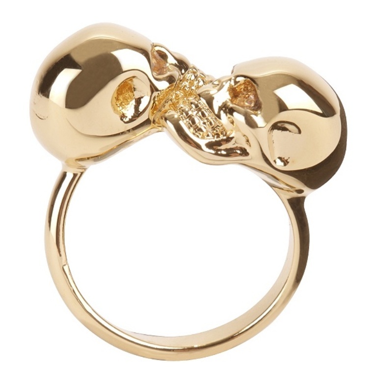 Alexander-Mcqueen-SHINY-GOLD-TWIN-SKULL-RING Skull Jewelry for Both Men & Women