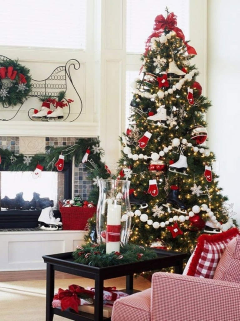Christmas-tree-decorations-red-white-ornaments-ice-skates 24 Latest & Hottest Christmas Trends for 2022