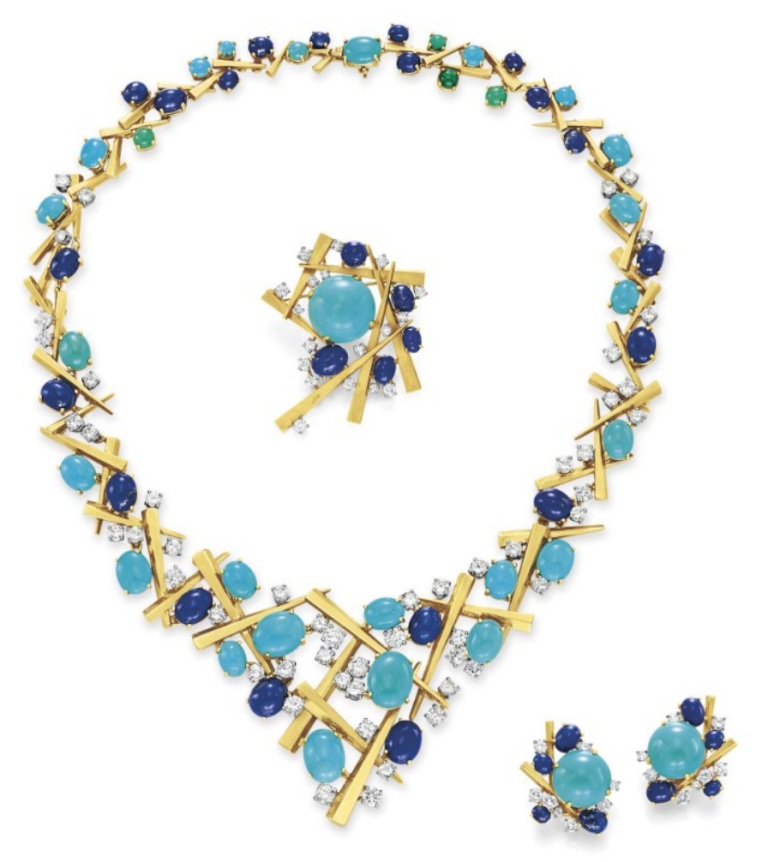 Lot-214-A-SUITE-OF-DIAMOND-TURQUOISE-LAPIS-LAZULI-AND-GOLD-JEWELRY-BY-MARIANNE-OSTIER- Turquoise jewelry “ The Stone of the Sky & Earth”