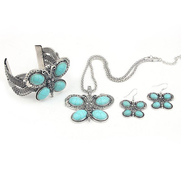 Turquoise jewelry “ The Stone of the Sky & Earth” 16 MN2166-three-pieces-butterfly-Turquoise-Jewelry-Set-Vintage-Tibet-Silver-Necklace-Earring-bangle-Set-Free-Shipping