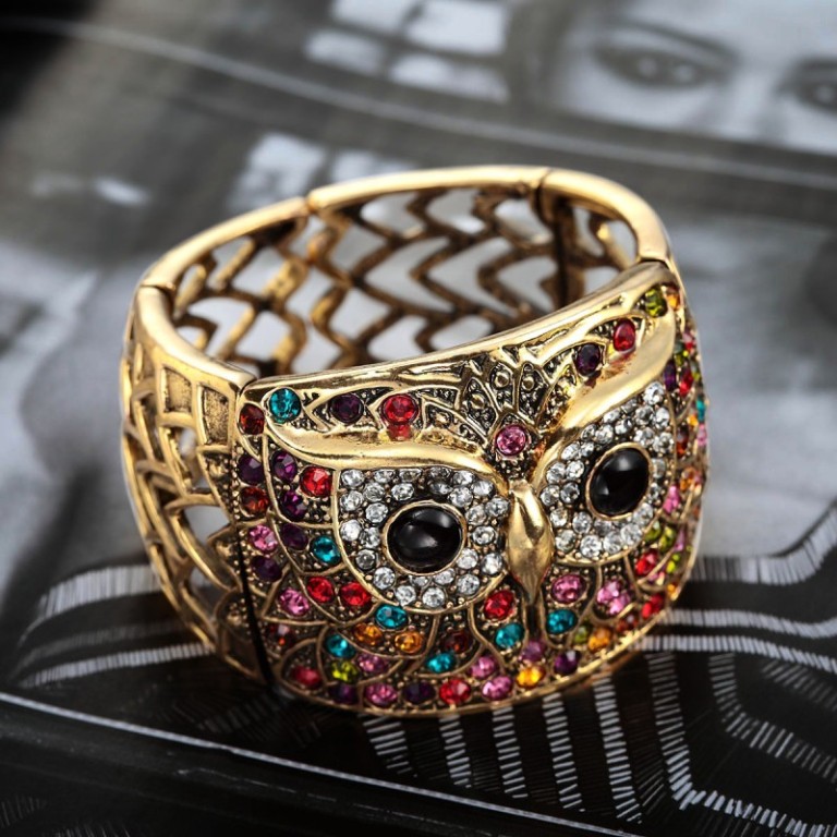 antique-gold-rhinestone-owl-cuff-bracelet-multicolor