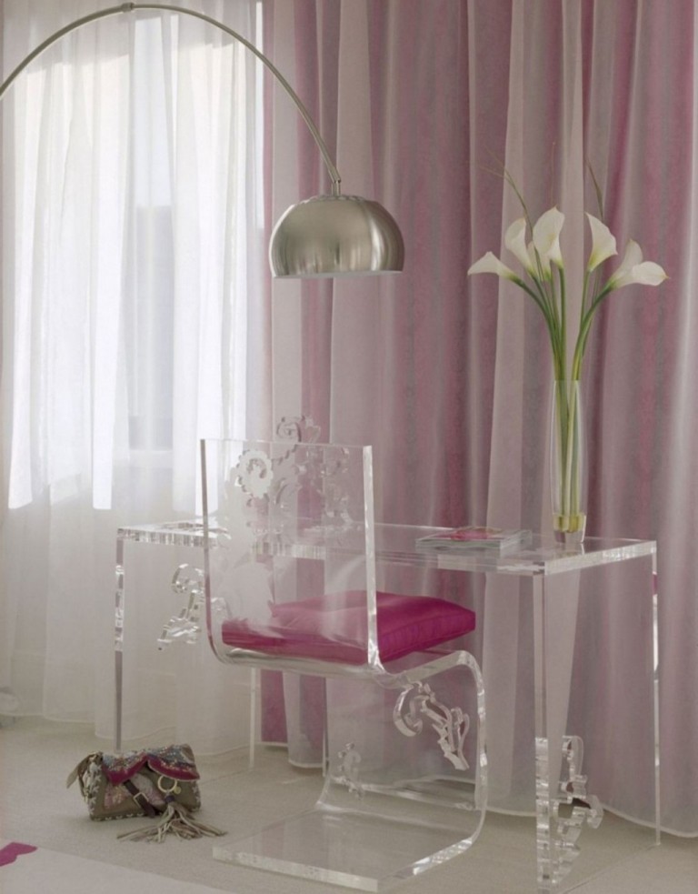 contemporary-teen-study-room-design-with-lucite-z-chair-and-fuchsia-pink-cushion-also-modern-plexiglass-desk-table-and-stainless-arch-lamp-white-sheer-curtain-1024x1310