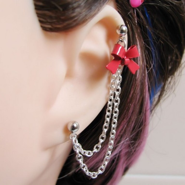 red_bow_cartilage_connecting_chain_slave_earring_6aeb5c53 Slave Earrings For Catchier Ears & Fashionable Styles ...