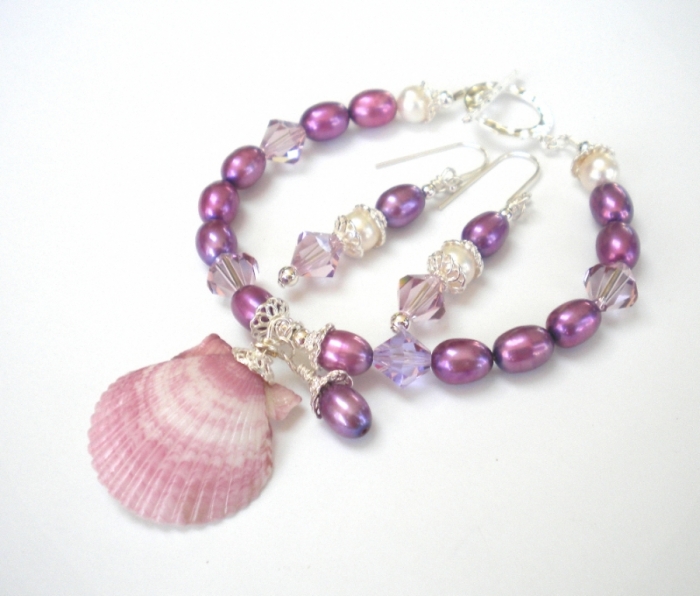seashell jewelry violet pearls set (3)