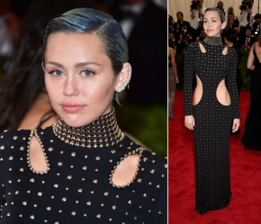 Miley Cyrus in Met Gala 2015. She appeared with the worst hairstyle that you can see in this year. Even the color of the hair is really strange and seems as if it is a wall paint. For the dress, it is too bad. 