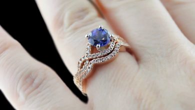 Infininty Wedding Set in Rose Gold with Blue Sapphire by MiaDonna 37+ Amazing Engagement Rings With Colored Gemstones - 6
