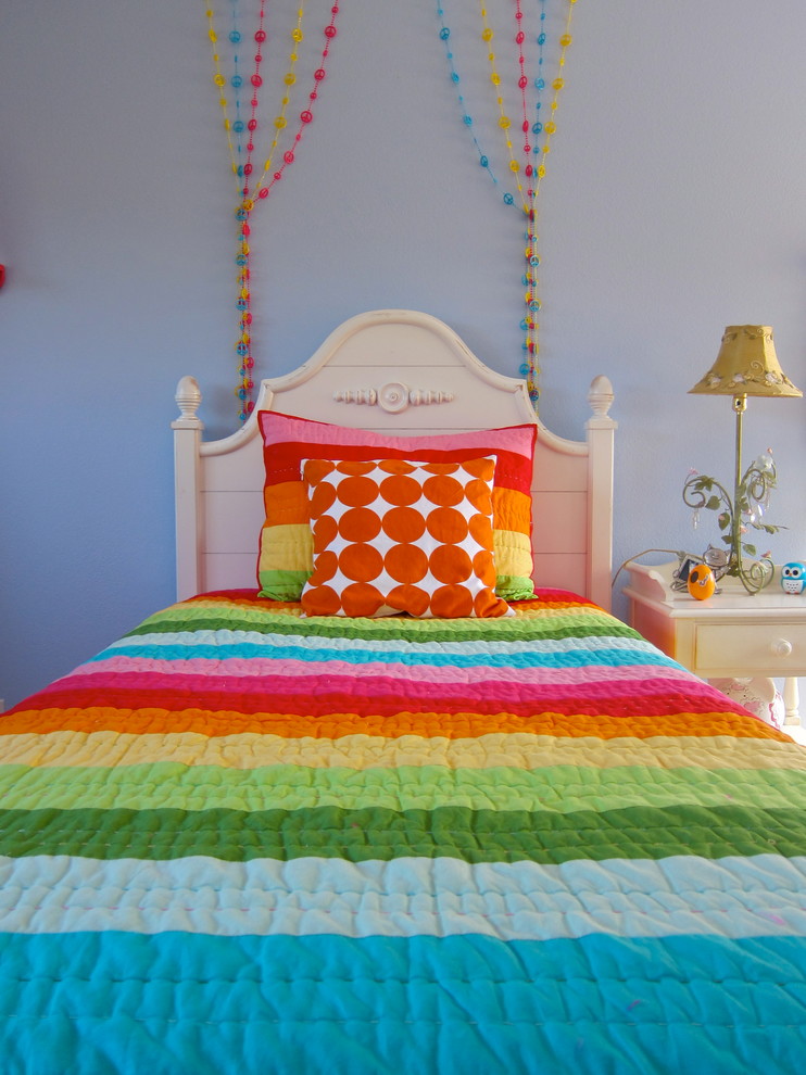 Inspired-Beaded-Curtains-trend-Los-Angeles-Contemporary-Kids-Inspiration-with-beaded-strings-Bedroom-colorful-cottage-dots-girl-kids-light-blue-walls-nightstand-rainbow-stripes 5 Main Bedroom Design Ideas For 2022