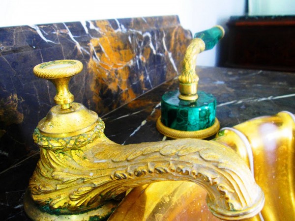 vintage sherle wagner faucet burnished gold plate spout handle malachite marble countertop