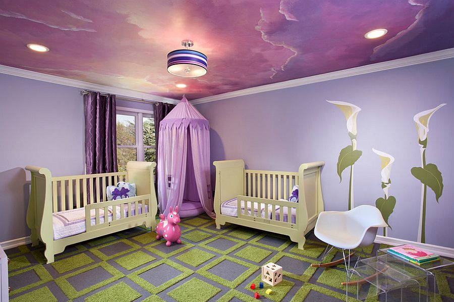 Awesome-ceiling-in-purple-shapes-the-perfect-room-for-your-little-princess +25 Marvelous Kids’ Rooms Ceiling Designs Ideas