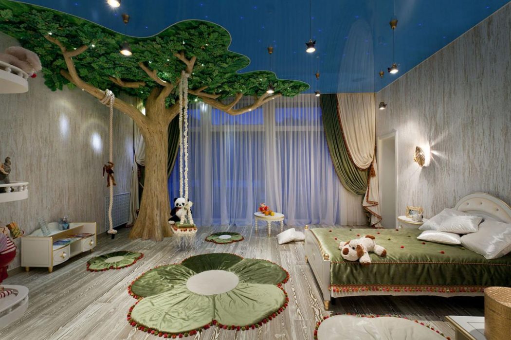 amusing-ceiling-decorations-for-kids-room-with-amusing-creatif-a-big-tree-design-idea-plus-swing-then-flower-carpet-also-lighting-ceilind-and-pendant-lamp