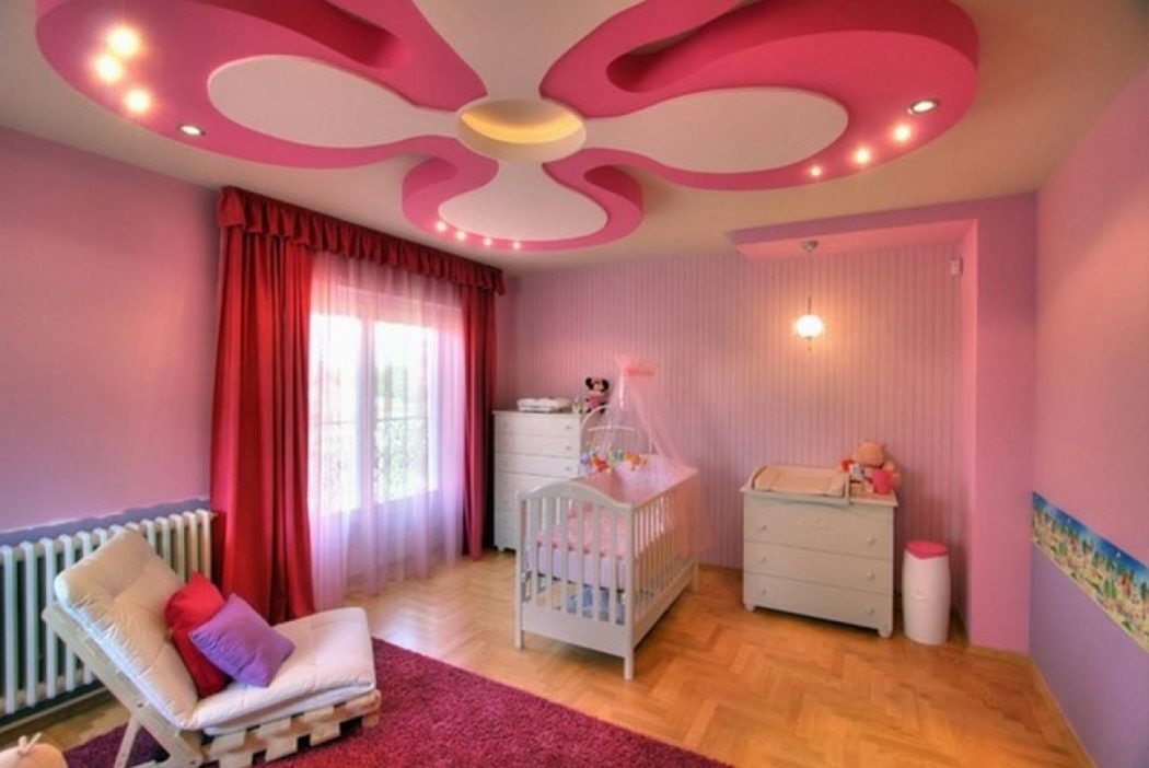 beautiful-flural-suspended-ceiling-decorations-for-kids-room-with-lighting-ceiling-and-pendant-lamp-also-pink-color-wall-thne-red-pabric-curtain