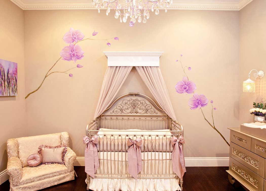 creative-baby-room-ideas-varnish-wooden-floor-brushed-nickel-crib-floral-wall-sticker-beige-plain-curtain-beige-fabric-lounge-chair-silver-wooden-carving-sideboard-white-wall-lamp-unique-white-chandel