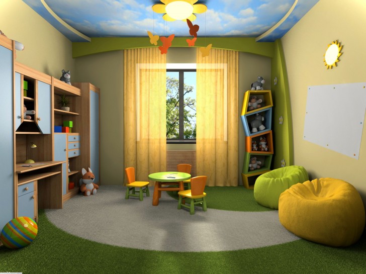 creative-kids-room-design_blue-sky-theme-ceiling_yellow-bedroom-curtains_yellow-and-green-bean-bag_green-and-grey-circle-pattern-rug_brown-and-blue-desk-sets_fox-doll_colorfull-kids-table-sets-728x545