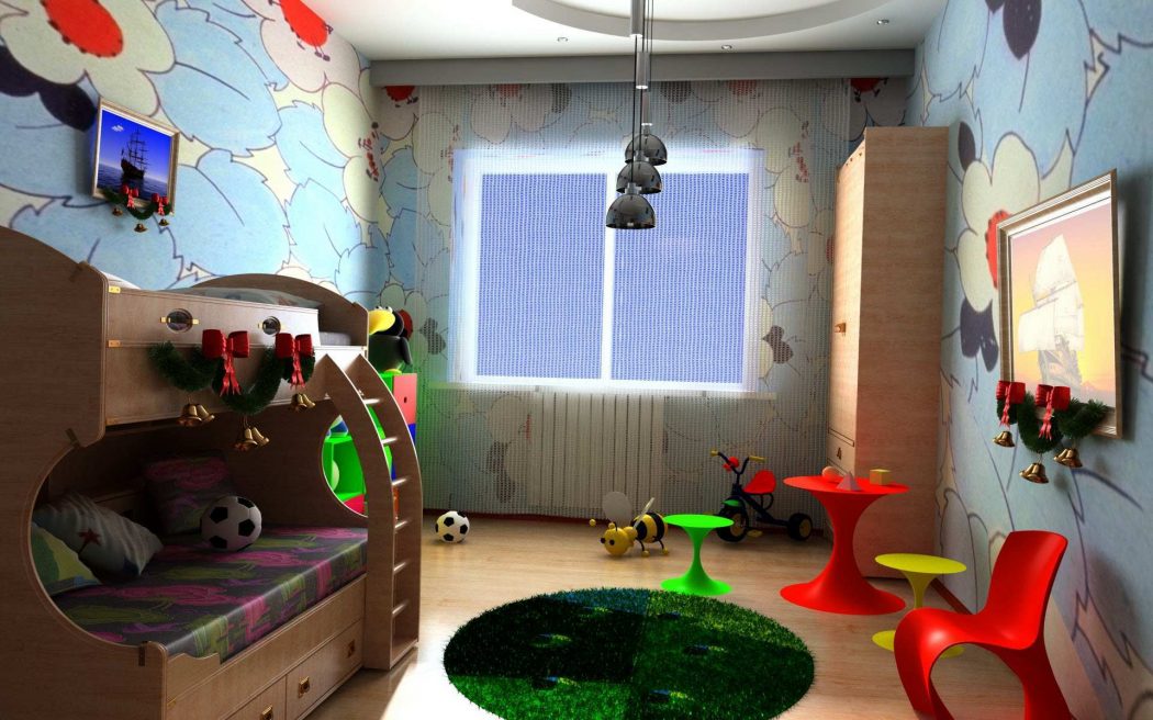 kids-room-decoration-wooden-bunk-beds-wooden-ladder-wooden-drawers-wooden-wardrobe-round-green-rug-round-red-table-small-stools-laminate-wooden-floor-flowers-wallpaper-unique-pendant-lamp-small-tricyc